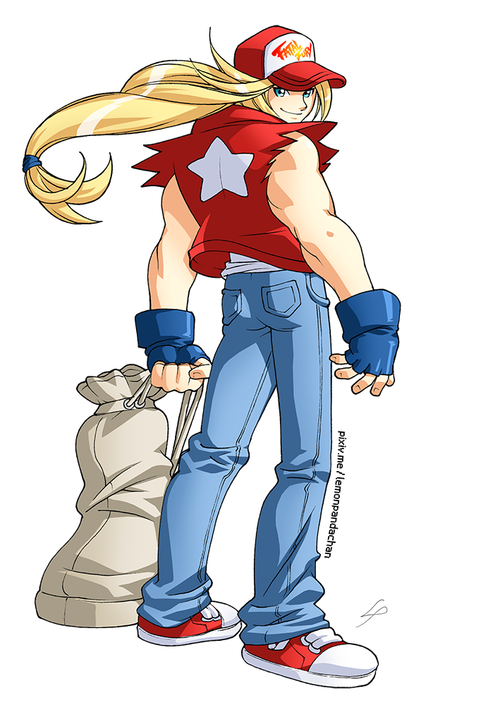 1boy artist_name background bag baseball_cap blonde_hair blue_eyes denim duffel_bag fatal_fury fingerless_gloves gloves hat jeans king_of_fighters lemonpandachan long_hair muscle shoes sleeveless smile sneakers snk star terry_bogard the_king_of_fighters transparent_background undershirt wind