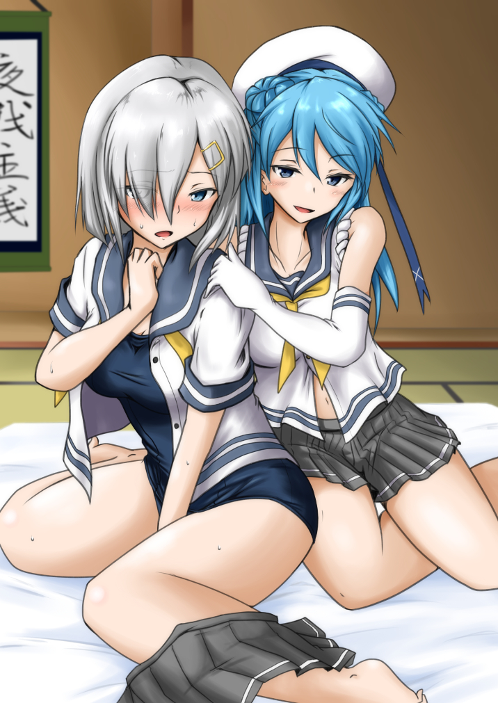 2girls beret blouse blue_eyes blue_hair breasts competition_school_swimsuit competition_swimsuit double_bun elbow_gloves gloves hair_ornament hair_over_one_eye hairclip hamakaze_(kantai_collection) hat kantai_collection multiple_girls neckerchief one-piece_swimsuit sailor_hat school_uniform scroll serafuku shirt short_hair silver_hair sitting skirt skirt_lift swimsuit swimsuit_under_clothes tachi_(mtd) urakaze_(kantai_collection) white_gloves white_shirt