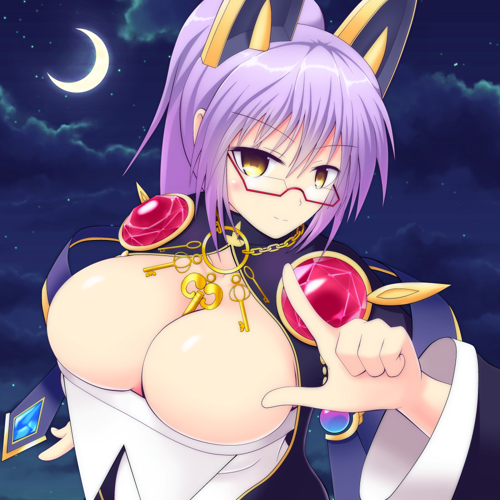breasts cleavage glasses large_breasts lavender_hair yellow_eyes