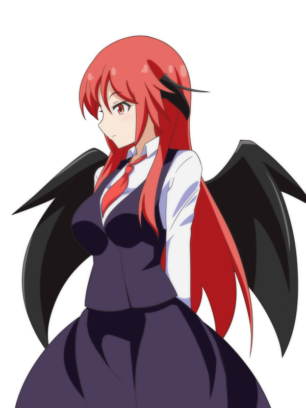 1girl arms_behind_back asymmetrical_breasts bat_wings blush breasts cato_(monocatienus) collared_shirt dress_shirt head_wings koakuma large_breasts long_hair long_skirt long_sleeves looking_away necktie red_eyes redhead shirt simple_background skirt skirt_set smile solo standing touhou very_long_hair vest white_background white_shirt wings