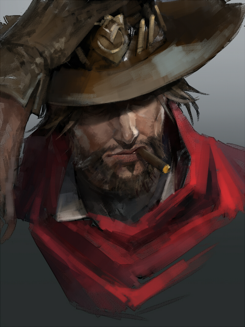 1boy beard brown_gloves brown_hair brown_hat cape cigar cowboy_hat facial_hair gloves gradient gradient_background grey_background gun hand_on_headwear handgun hat hat_over_eyes male_focus mccree_(overwatch) mouth_hold overwatch sae_(revirth) shade solo upper_body weapon