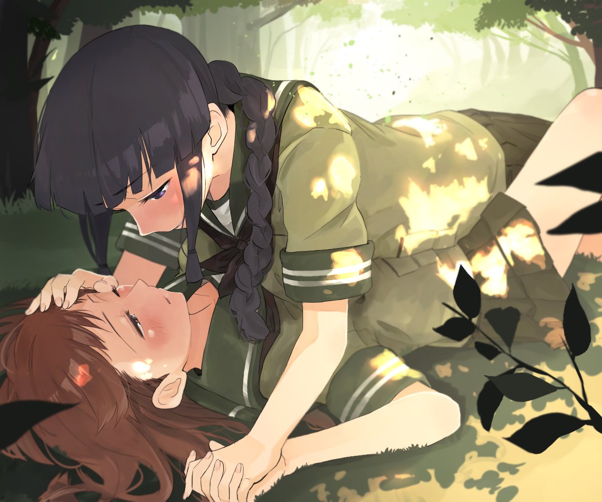 2girls between_legs between_thighs black_eyes black_hair blush braid brown_eyes brown_hair eye_contact grass hand_holding hand_on_another's_face kantai_collection kitakami_(kantai_collection) leaf looking_at_another multiple_girls ooi_(kantai_collection) tree wataro_(watawatawatapon) yuri
