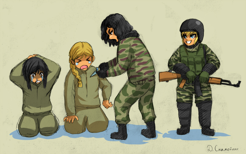 &gt;o&lt; 4girls ak-47 akm assault_rifle black_hair blonde_hair blue_eyes boots braid brown_eyes camouflage cyborg flick-the-thief full_body genderswap gloves grin gun hands_on_head helmet historical_event kneeling knife load_bearing_vest military military_uniform multiple_girls open_mouth real_life russian scared shouting signature simple_background tears ukrainian ukrainian_flag weapon