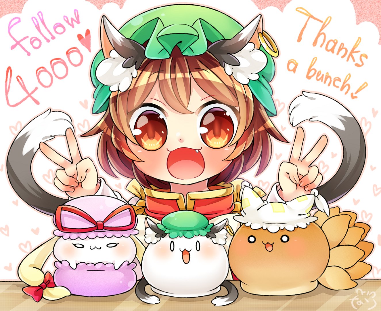 0_0 1girl :3 animal_ears blonde_hair blush bow brown_hair cat_ears chen double_v earrings english fang green_hat hair_bow hat hat_ribbon heart heart_background ibarashiro_natou jewelry looking_at_viewer mob_cap multiple_tails o_o open_mouth orange_eyes pillow_hat red_vest ribbon short_hair sidelocks slit_pupils smile solo tail thank_you touhou two_tails v yakumo_ran yakumo_yukari