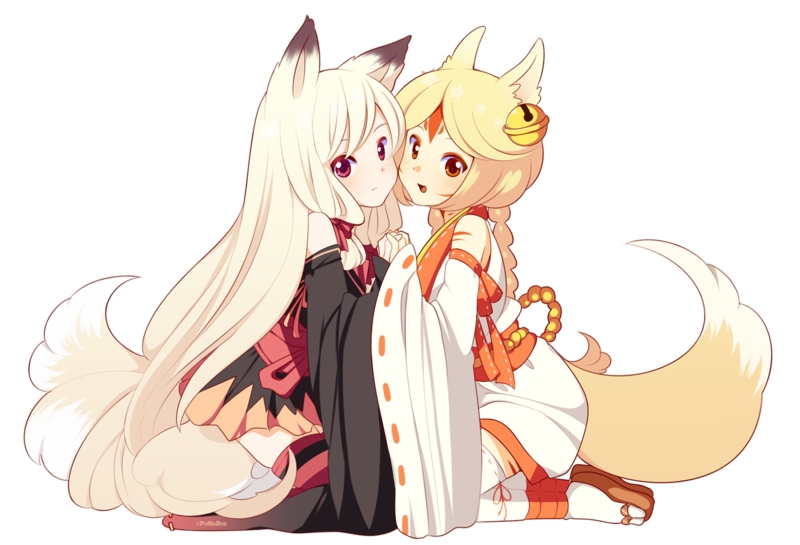 2girls animal_ears bare_shoulders bent_knees blonde_hair braid cuddling duo facial_mark female fox_tail full_body hand_holding interlocked_fingers japanese_clothes kimono kitsunemimi kneeling long_hair looking_at_viewer multiple_girls orange_eyes original poffinbox red_eyes sandals smile tail tied_hair traditional_clothes twin_braids white_hair