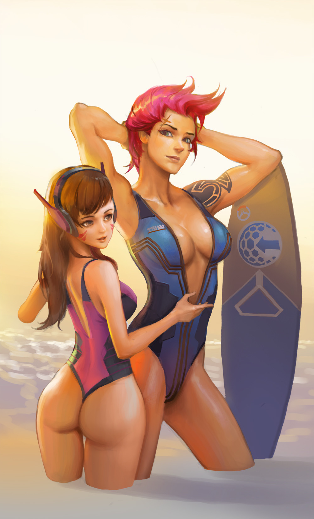 2girls arm_tattoo arms_behind_back arms_up ass back bangs bare_shoulders blue_swimsuit breasts brown_eyes brown_hair center_opening cleavage collarbone contrapposto d.va_(overwatch) facepaint facial_mark from_behind front_zipper_swimsuit green_eyes headphones highres large_breasts legs_apart li_moly lips lipstick long_hair makeup medium_breasts multiple_girls ocean one-piece_swimsuit one-piece_thong overwatch parted_lips partially_submerged pink_hair pink_swimsuit scar scar_across_eye short_hair standing surfboard swimsuit tattoo thigh_gap thong unzipped wading water whisker_markings zarya_(overwatch) zipper