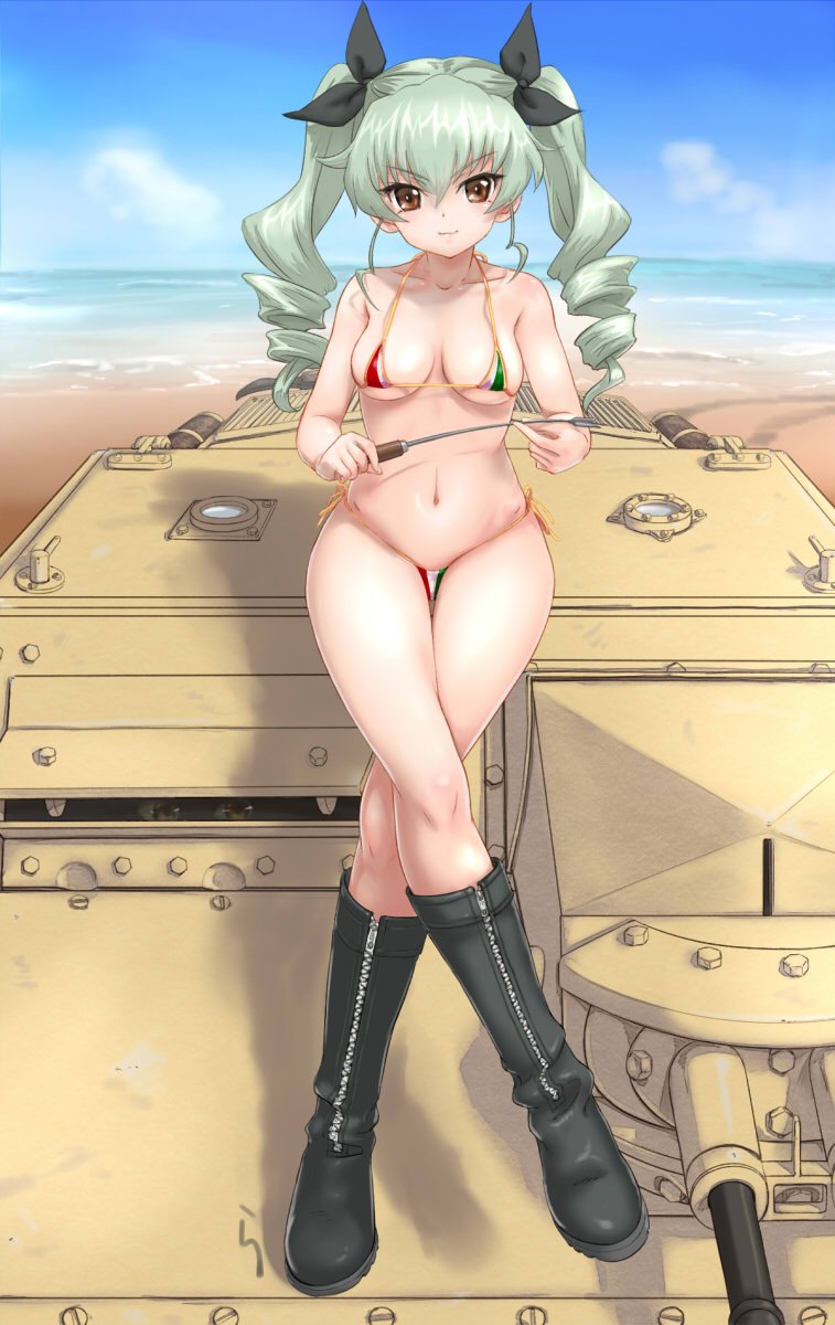 1girl anchovy beach bikini boots breasts brown_eyes cleavage drill_hair girls_und_panzer green_hair ground_vehicle highres legs_crossed looking_at_viewer micro_bikini military military_vehicle motor_vehicle navel ocean rasukaru riding_crop sitting smile solo swimsuit tank twin_drills when_you_see_it