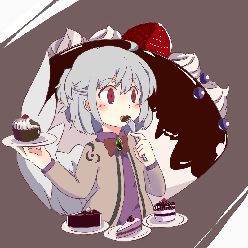 1girl ahoge blueberry blush bow bowtie brooch buna_shimeji_(keymush) cake dress dress_shirt eating empty_eyes expressionless food fork fruit half_updo jacket jewelry kishin_sagume plate shirt short_hair silver_hair solo strawberry touhou whipped_cream wide-eyed