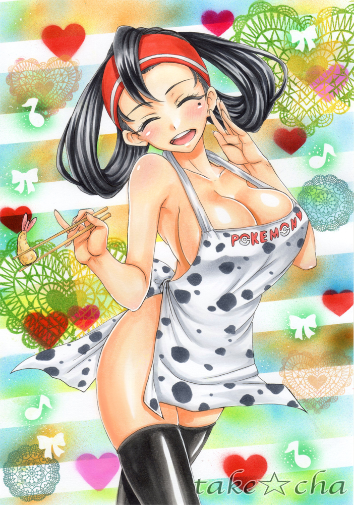1girl apron artist_name black_hair black_legwear blush breasts chopsticks cleavage closed_eyes large_breasts marker_(medium) mole mother_gsc_(pokemon) musical_note naked_apron open_mouth pokemon smile solo takecha thigh-highs traditional_media