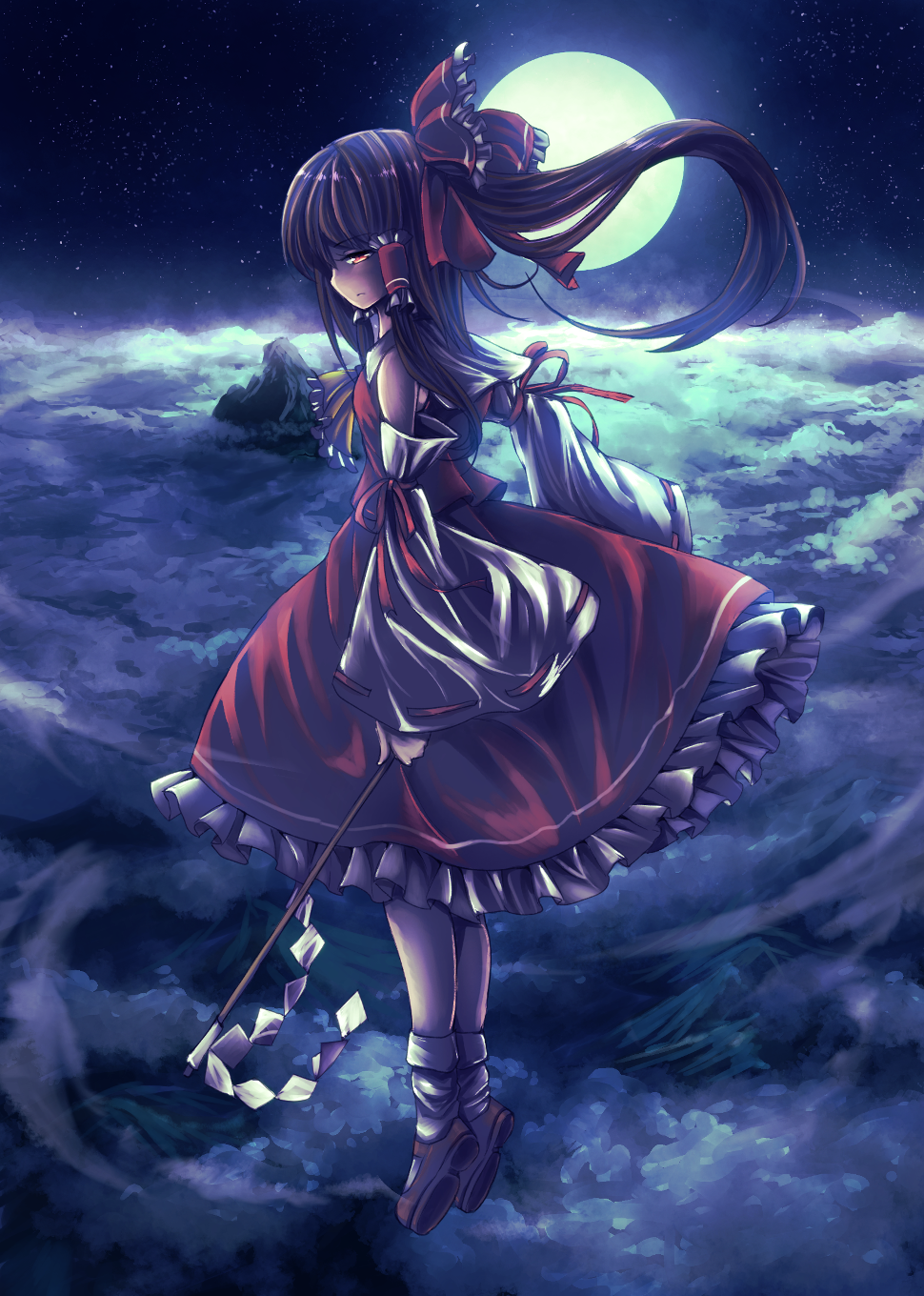 1girl ascot bare_shoulders bobby_socks brown_hair clouds detached_sleeves floating flying frown full_moon gohei hakurei_reimu highres long_hair looking_at_viewer mary_janes moon mountain night night_sky parted_lips profile red_eyes ribbon ribbon-trimmed_sleeves ribbon_trim serious shoes skirt skirt_set sky socks solo t.m_(aqua6233) touhou very_long_hair vest