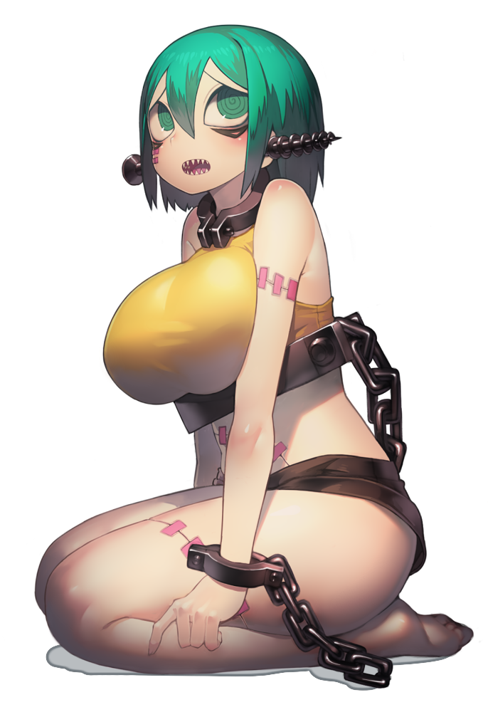 1girl aqua_eyes aqua_hair bare_shoulders barefoot breasts chains cuffs female full_body harau large_breasts monster_girl open_mouth original ringed_eyes screw seiza shackles sharp_teeth short_hair short_shorts shorts simple_background sitting sleeveless solo stitches teeth white_background zombie zombie_girl