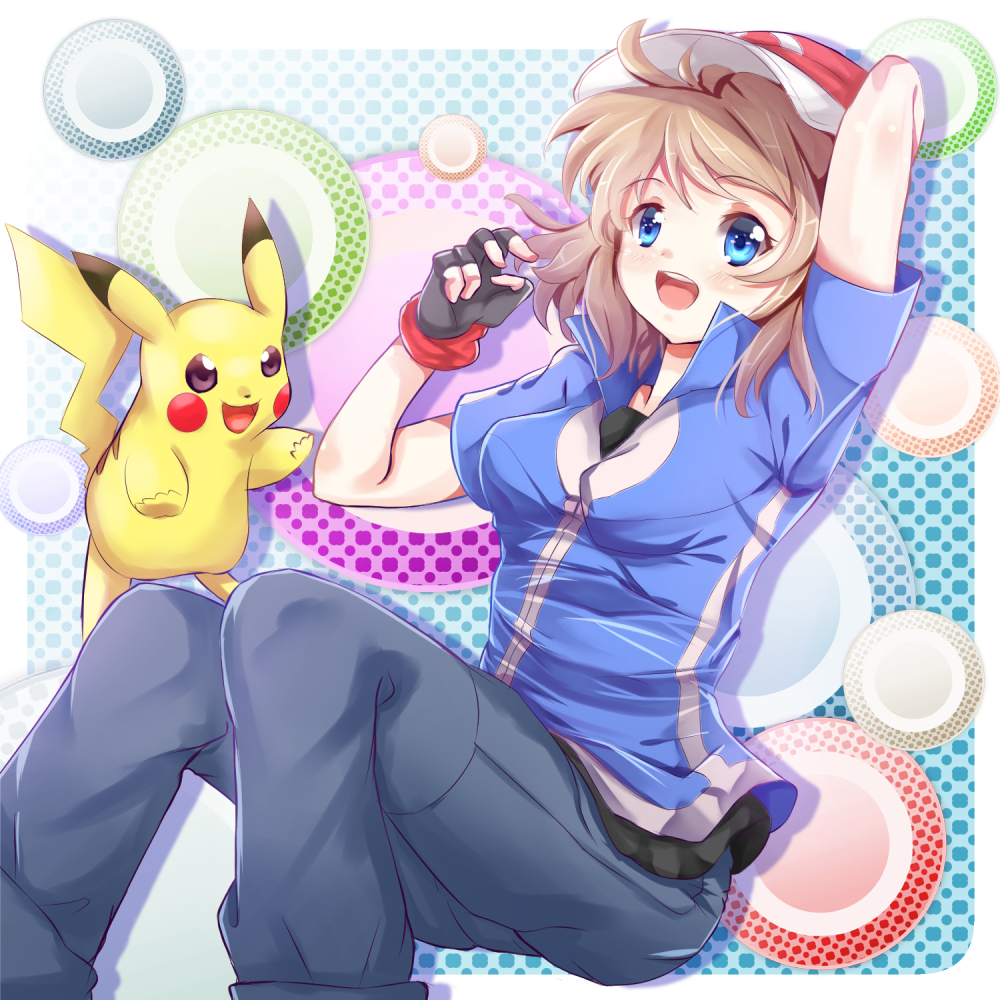 1girl ashujou baseball_cap blonde_hair blue_eyes blush breasts cosplay crossdressinging fingerless_gloves gloves hat open_mouth pikachu pokemon pokemon_(anime) pokemon_(creature) satoshi_(pokemon) satoshi_(pokemon)_(cosplay) serena_(pokemon) short_hair smile solo