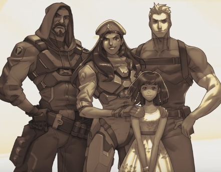 2boys 2girls alpha_gamboa ana_(overwatch) blackwatch_reyes child commentary hood lowres military military_uniform monochrome mother_and_daughter multiple_boys multiple_girls muscle overwatch pharah_(overwatch) reaper_(overwatch) soldier:_76_(overwatch) spoilers uniform younger