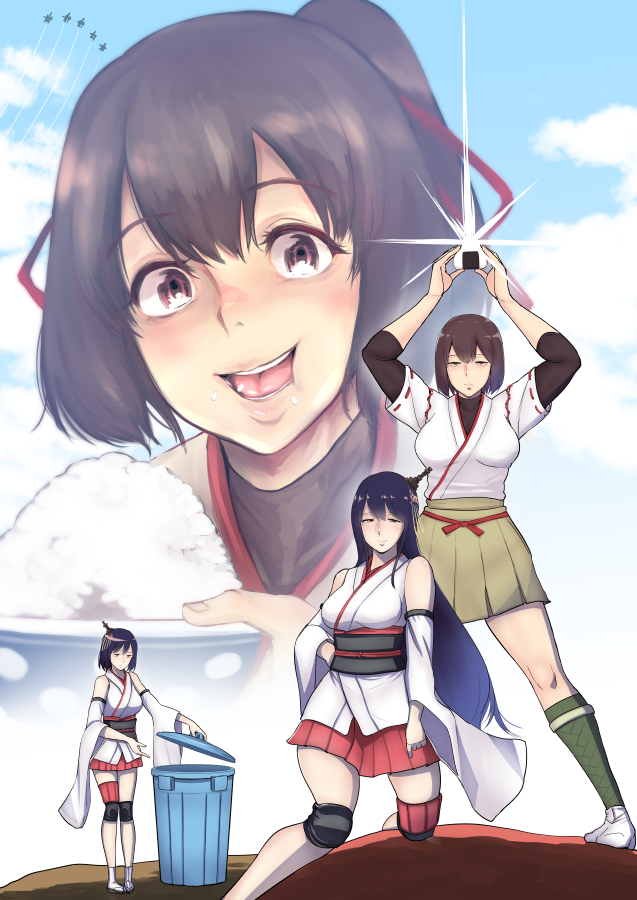 4girls aircraft airplane arms_up asymmetrical_legwear bangs bifidus blue_sky bodysuit breasts brown_eyes brown_hair cheek_bulge clouds commentary_request condensation_trail detached_sleeves expressionless food fusou_(kantai_collection) hair_ornament hair_ribbon hakama hand_on_hip holding holding_food hyuuga_(kantai_collection) ise_(kantai_collection) japanese_clothes kantai_collection large_breasts long_hair movie_poster multiple_girls nontraditional_miko onigiri open_mouth parody ponytail ribbon rice rice_bowl short_hair sky smile star_wars trash_can wide_sleeves yamashiro_(kantai_collection)