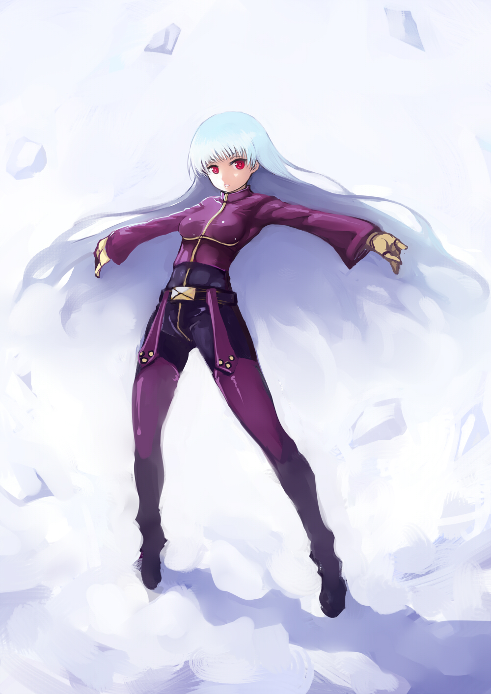 1girl blue_hair breasts chaps floating_hair floating_rocks full_body gloves highres johan_(johan13) kula_diamond long_hair red_eyes small_breasts solo the_king_of_fighters very_long_hair