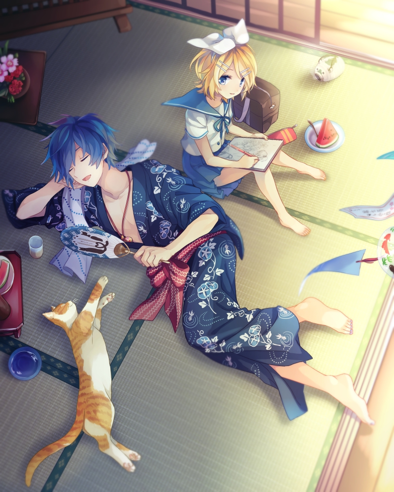 1boy 1girl akiyoshi_(tama-pete) animal arm_support bag bag_removed bangs bare_arms bare_legs barefoot blonde_hair blouse blue_eyes blue_hair blue_kimono blue_ribbon blue_skirt blurry bow bowl cat cat_print chest cup depth_of_field drawing drinking_glass fan fish_print floral_print flower food from_above fruit goldfish_print hairband holding holding_fan kagamine_rin kaito kayari_buta knees_up looking_at_viewer lying miniskirt morning_glory mosquito_coil neck_ribbon on_floor on_side open_mouth paper paper_fan parted_lips pencil_case pink_flower plate pleated_skirt print_kimono red_flower ribbon sash school_bag school_uniform serafuku shade short_hair short_sleeves shouji shoulder_bag sitting sketchbook sketching skirt sliding_doors smile smoke spoon summer table tatami towel towel_around_neck transparent tray uchiwa vase vocaloid water watermelon white_blouse white_bow wind wind_chime wooden_floor yunomi