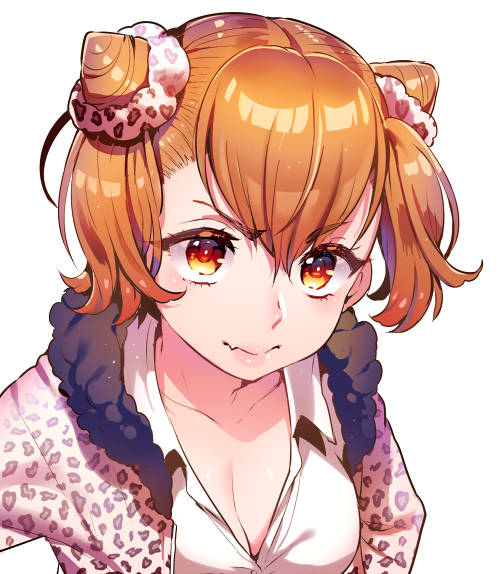 1girl bangs breasts character_request cleavage collarbone collared_shirt fang hair_between_eyes hair_ornament hair_scrunchie ikezaki_misa leopard_print lips long_sleeves matching_hair/eyes orange_eyes orange_hair scrunchie shirt short_hair simple_background solo upper_body white_background white_shirt