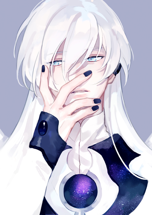 1boy black_nails blue_eyes card_captor_sakura covering_face gem hair_between_eyes lavender_background long_hair looking_to_the_side male_focus masa_ashe nail_polish parted_lips simple_background sleeves_past_wrists solo upper_body white_hair yue_(ccs)