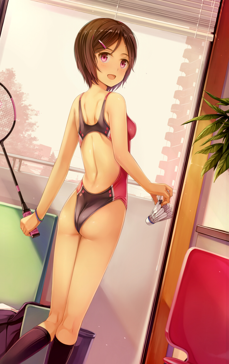 1girl :d ass back badminton badminton_racket bare_arms black_legwear blush breasts brown_hair bucket chair clothes_removed competition_swimsuit dutch_angle eyebrows eyebrows_visible_through_hair eyelashes flat_ass glass hair_tie highleg highleg_swimsuit holding indoors kneehighs kneepits light_particles looking_at_viewer looking_back one-piece_swimsuit open_mouth original plant racket railing school_uniform shade short_hair shutter shuttlecock sky small_breasts smile solo standing swimsuit tree violet_eyes yokaze_japan