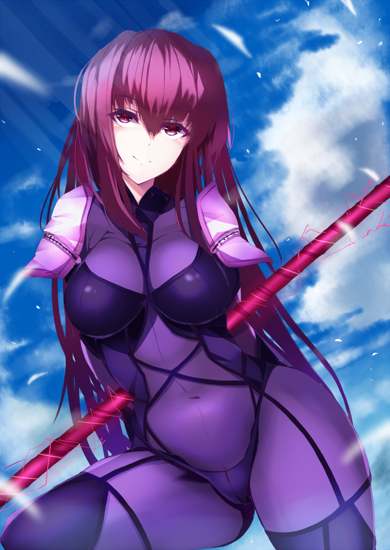 1girl behind_back blue_sky bodysuit breasts closed_mouth clouds contrapposto covered_navel cowboy_shot day fate/grand_order fate_(series) gae_bolg large_breasts long_hair looking_at_viewer purple_hair saisarisu scathach_(fate/grand_order) shoulder_pads skin_tight sky smile standing very_long_hair violet_eyes