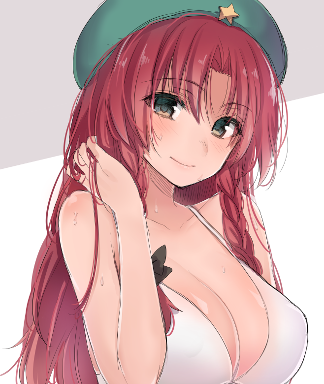 1girl alternate_eye_color asa_(coco) beret bikini blush braid breasts cleavage eyes_visible_through_hair green_eyes green_hat grey_background hand_in_hair hat hong_meiling large_breasts long_hair looking_at_viewer redhead smile solo star swimsuit touhou twin_braids two-tone_background upper_body very_long_hair wet white_background white_bikini