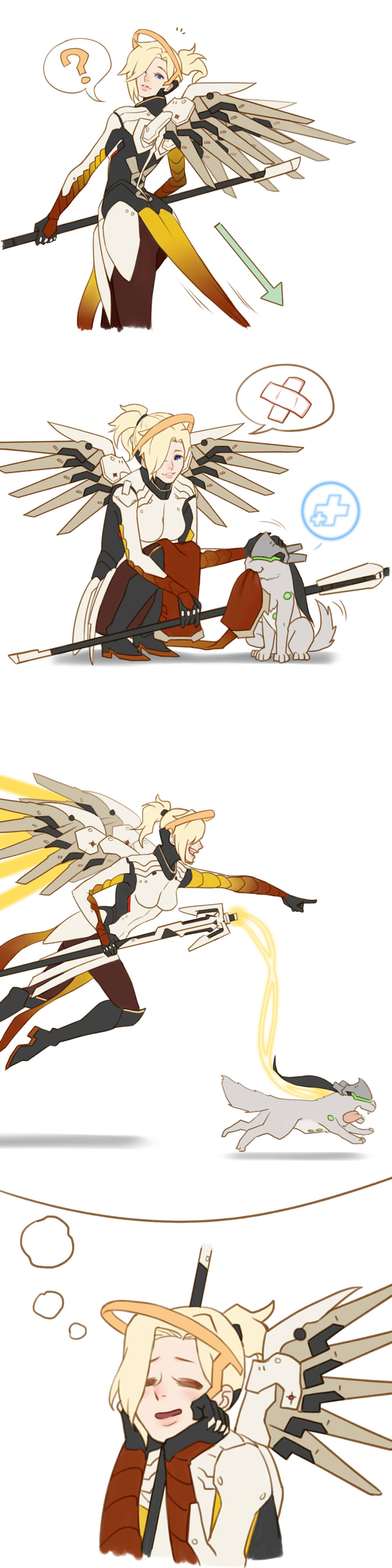 1girl 4koma ? absurdres animalization armor ass black_boots black_gloves blonde_hair blue_eyes blush bodysuit boots brown_legwear cat closed_eyes comic cowboy_shot faulds from_behind genji_(overwatch) gloves headband headgear helmet high_collar highres holding_staff imagining knee_boots kneeling lips loincloth long_hair long_image looking_back mechanical_halo mechanical_wings mercy_(overwatch) open_mouth overwatch pantyhose pelvic_curtain petting pointing pointing_forward ponytail simple_background solo spoken_question_mark spread_wings squidsmith staff tall_image turtleneck weapon white_background wings