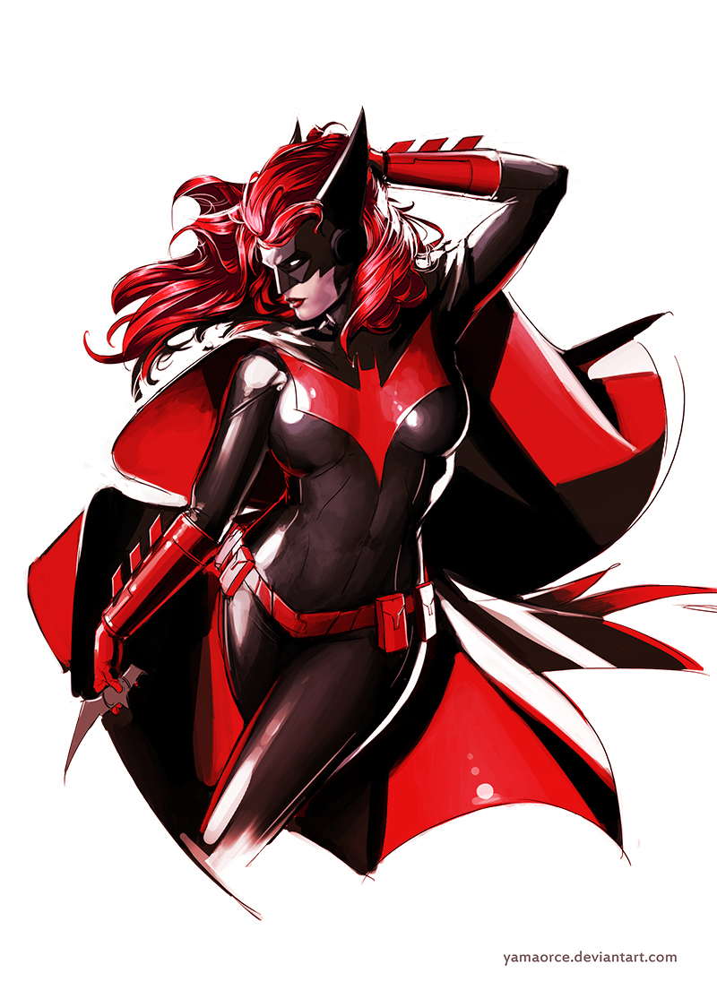 1girl bat_symbol batarang batwoman belt bodysuit cape dc_comics gauntlets gloves kate_kane lipstick mask red_gloves redhead solo