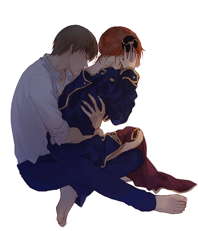 1boy 1girl alternate_costume back_kiss bangs barefoot blue_jacket blue_pants brown_hair bun_cover closed_eyes clothes_removed collared_shirt couple dress_shirt eyebrows eyebrows_visible_through_hair from_side full_body gintama hairpods hand_on_own_head hetero hickey hug hug_from_behind jacket kagura_(gintama) kiss loli_bushi long_sleeves loose_shirt naked_coat okita_sougo orange_hair pants shirt simple_background sitting sitting_on_lap sitting_on_person unbuttoned unbuttoned_shirt white_background white_shirt