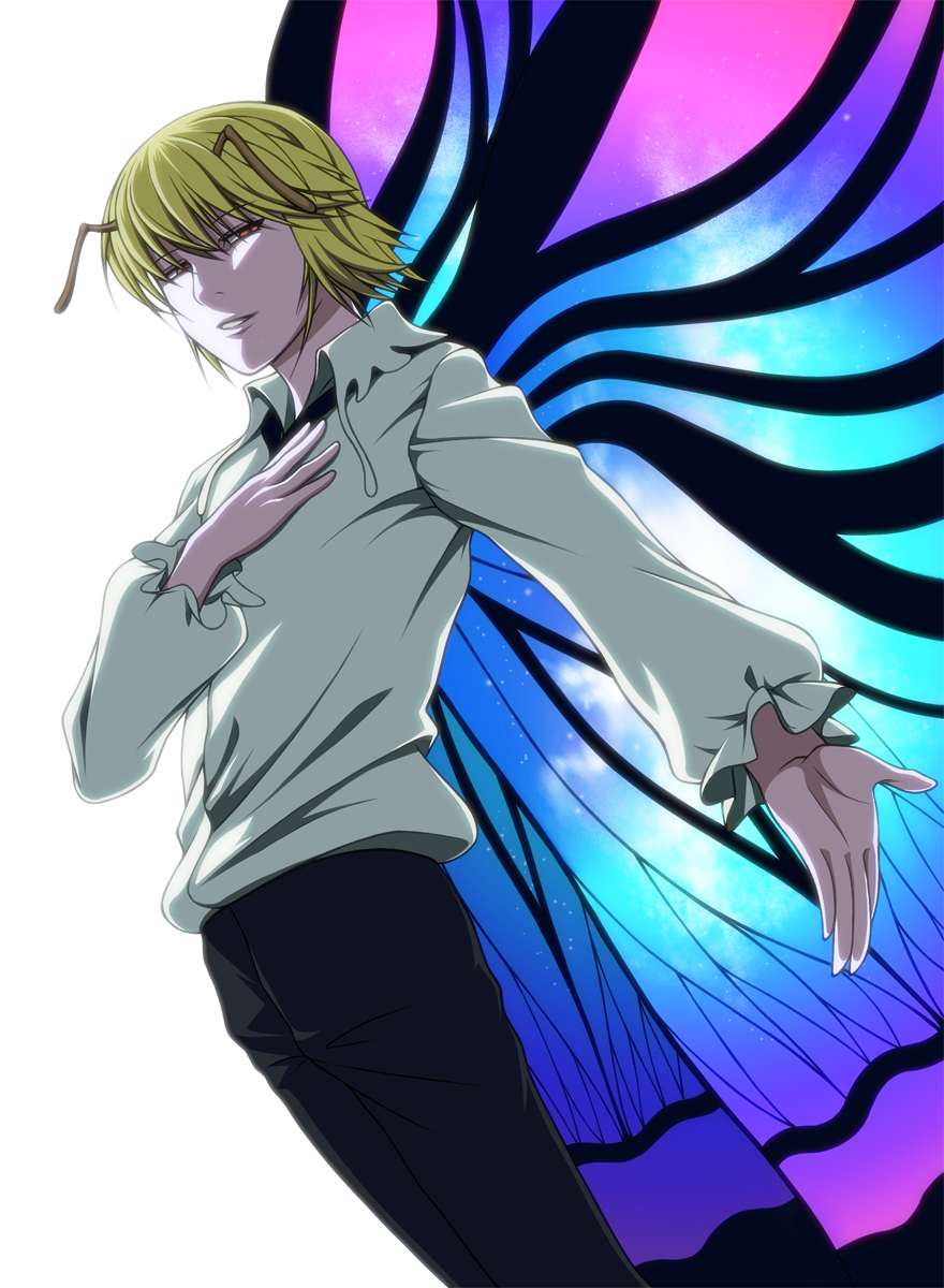 1boy anime_coloring antennae blonde_hair brown_eyes butterfly_wings collared_shirt dutch_angle frills half-closed_eyes hand_on_own_chest hunter_x_hunter looking_at_viewer maazyu male_focus pale_skin parted_lips shaiapouf simple_background smile solo white_background wings