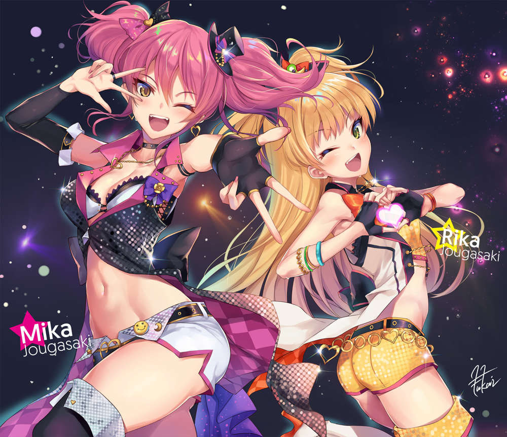 2girls artist_name ass belt black_boots black_gloves black_legwear blonde_hair blush boots bow breasts character_name choker cleavage crescent earrings fingerless_gloves fukai_ryousuke gloves green_eyes hair_bow hat heart heart_earrings heart_hands heart_necklace high_heels idolmaster idolmaster_cinderella_girls jewelry jougasaki_mika jougasaki_rika looking_at_viewer midriff mini_hat multiple_girls navel one_eye_closed open_mouth outstretched_arm pink_hair short_shorts shorts siblings sisters small_breasts smile teeth two_side_up v white_boots yellow_eyes