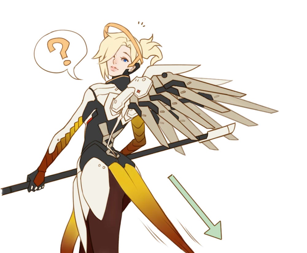 1girl armor ass black_gloves blonde_hair blue_eyes bodysuit brown_legwear cowboy_shot faulds from_behind gloves headgear high_collar holding_staff lips loincloth long_hair looking_back mechanical_halo mechanical_wings mercy_(overwatch) overwatch pantyhose pelvic_curtain ponytail simple_background solo spread_wings squidsmith staff turtleneck weapon white_background wings