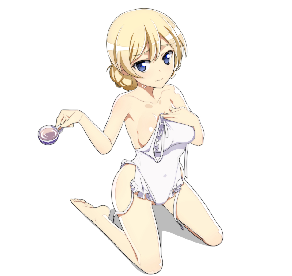 1girl barefoot blonde_hair blue_eyes braid breasts casual_one-piece_swimsuit collarbone covering covering_breasts cup darjeeling frilled_swimsuit frills full_body girls_und_panzer holding_clothes kneeling long_hair nanashino one-piece_swimsuit simple_background solo sweat swimsuit tea teacup untied white_background white_swimsuit