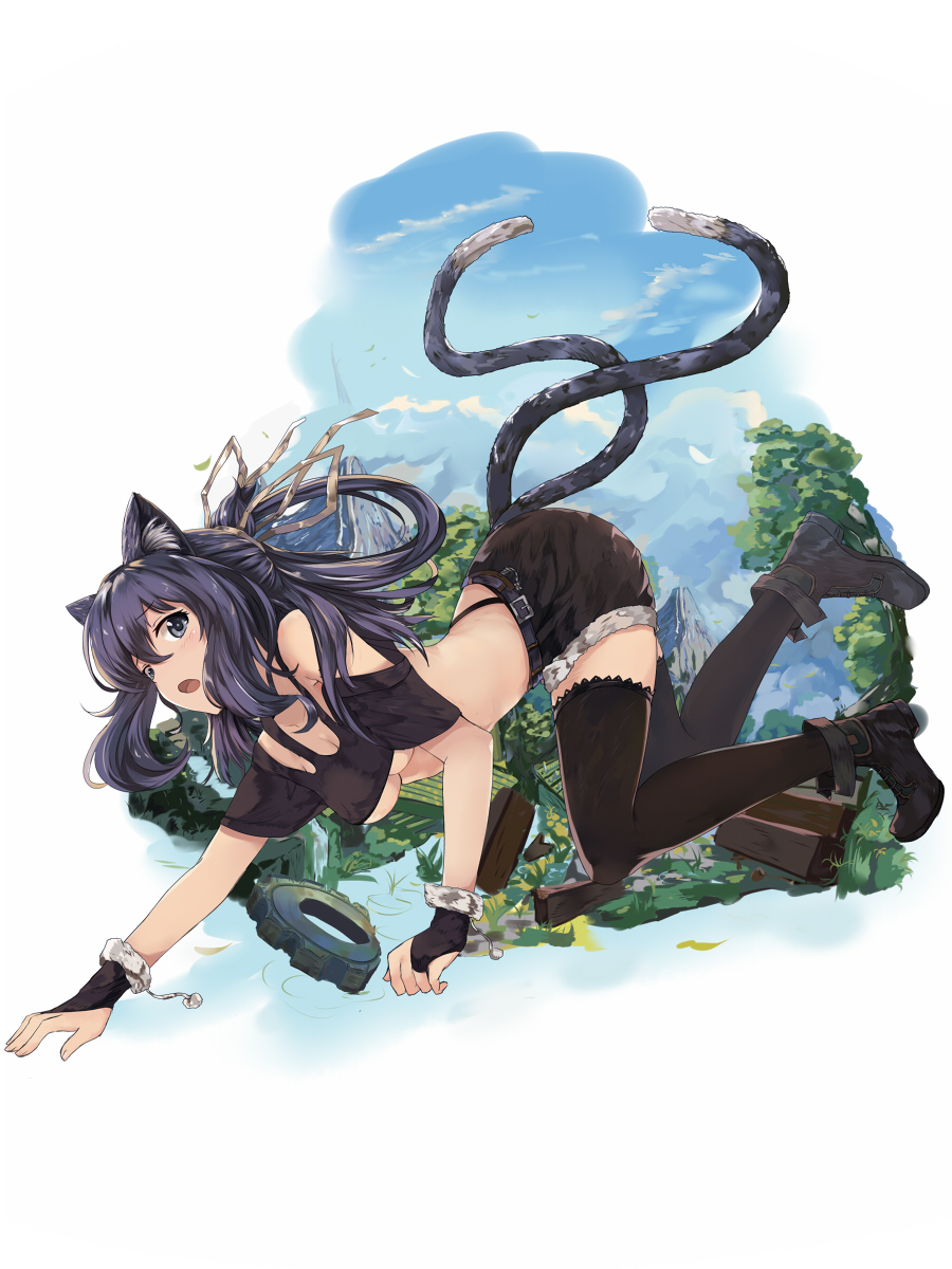 1girl :o animal_ears ankle_boots ao_no_kiseki arched_back bangs bare_shoulders belt belt_buckle black_boots black_gloves black_legwear black_panties black_shorts blue_sky boots breasts bridal_gauntlets buckle cat_ears cat_tail clouds crawling crop_top eiyuu_densetsu eyebrows eyebrows_visible_through_hair full_body fur_trim gears gloves grass hair_between_eyes hair_ribbon hair_rings half_updo highleg highleg_panties highres kemonomimi_mode long_hair midriff mountain multiple_tails off_shoulder outdoors panties purple_hair ribbon ripples rixia_mao shorts sky solo stream tail thigh-highs tree two_tails under_boob underwear violet_eyes water white_crow