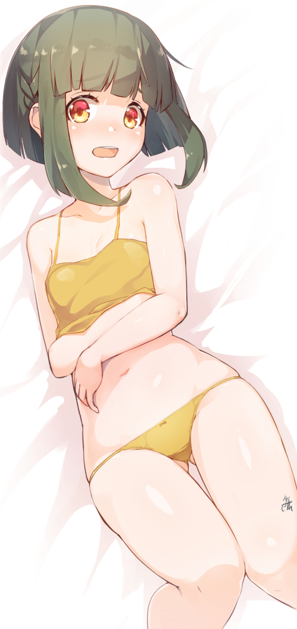 1girl bangs bare_shoulders blunt_bangs blush bow bow_panties bra collarbone cowboy_shot eyebrows eyebrows_visible_through_hair gluteal_fold green_hair hands_on_own_stomach highres kantai_collection looking_at_viewer lying meth_(emethmeth) multicolored_eyes navel nose_blush on_back open_mouth panties short_hair solo stomach takanami_(kantai_collection) thighs underwear underwear_only yellow_bow yellow_bra yellow_panties