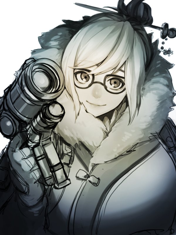 1girl bangs beads black-framed_eyewear byakuya0315 coat eyebrows eyebrows_visible_through_hair fur-lined_jacket fur_coat fur_trim glasses gun hair_bun hair_ornament hair_stick handgun holding holding_gun holding_weapon hose looking_at_viewer mei_(overwatch) monochrome overwatch parka short_hair sidelocks simple_background smile snowflake_background snowflake_hair_ornament solo swept_bangs upper_body weapon white_background winter_clothes winter_coat