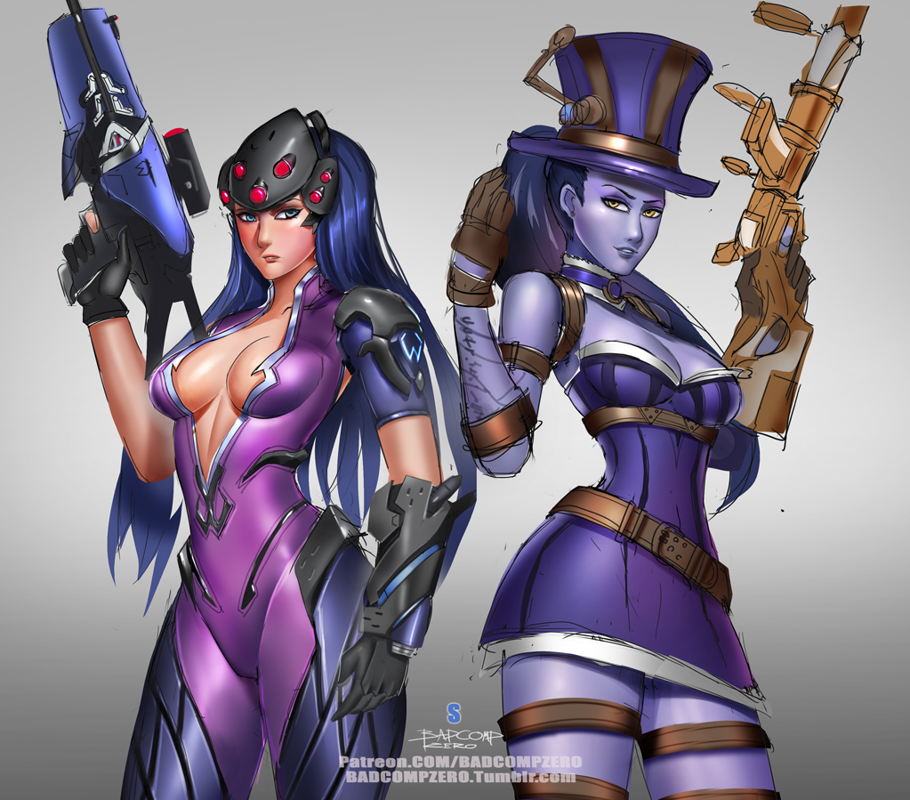 badcompzero belt blizzard_(company) blue_eyes blue_hair breasts caitlyn_(league_of_legends) caitlyn_(league_of_legends)_(cosplay) choker cleavage cosplay costume_switch grey_background gun hat head_mounted_display hips league_of_legends lips looking_at_viewer overwatch parted_lips ponytail purple_skin rifle riot_games skirt sniper_rifle thighs trait_connection weapon widowmaker_(overwatch) widowmaker_(overwatch)_(cosplay) yellow_eyes