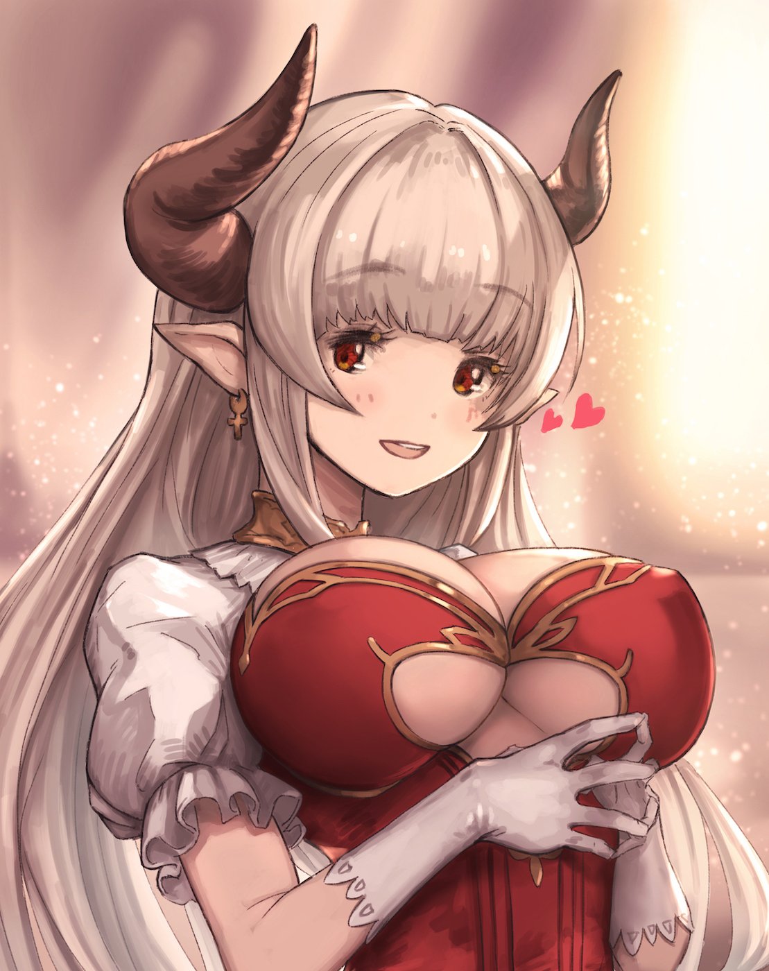 1girl :d alicia_(granblue_fantasy) bangs blush breasts cleavage coppelia_(futamine) doraf earrings erect_nipples fingers_together gloves granblue_fantasy heart highres horns jewelry large_breasts long_hair looking_at_viewer mature milf open_mouth pointy_ears puffy_short_sleeves puffy_sleeves red_eyes short_sleeves silver_hair smile solo under_boob underboob_cutout white_gloves