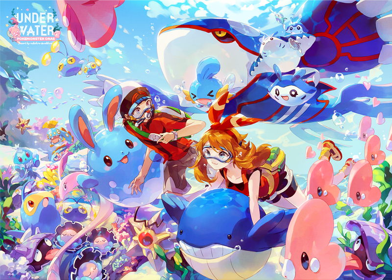 &gt;_&lt; +_+ 10s 1boy 1girl air_bubble alomomola azumarill backpack bag bangs belt_pouch bike_shorts black_shorts blue_eyes boots bow breasts brown_hair chinchou clamperl closed_eyes closed_mouth copyright_name coral diving english fanny_pack fish freediving frillish goggles gorebyss grey_shirt hair_ribbon hairband haruka_(pokemon) haruka_(pokemon)_(remake) hat holding huntail jellyfish kyogre looking_at_another looking_back looking_to_the_side luvdisc mantine mantyke mudkip nature ocean pokemon pokemon_(creature) pokemon_(game) pokemon_oras red_bow red_eyes red_shirt remoraid ribbon school_of_fish seaweed shell shellder shirt short_hair_with_long_locks shorts sleeveless sleeveless_shirt slowbro smile staryu submerged swimming tongue tongue_out underwater wailmer water welchino white_hat yuuki_(pokemon) yuuki_(pokemon)_(remake)