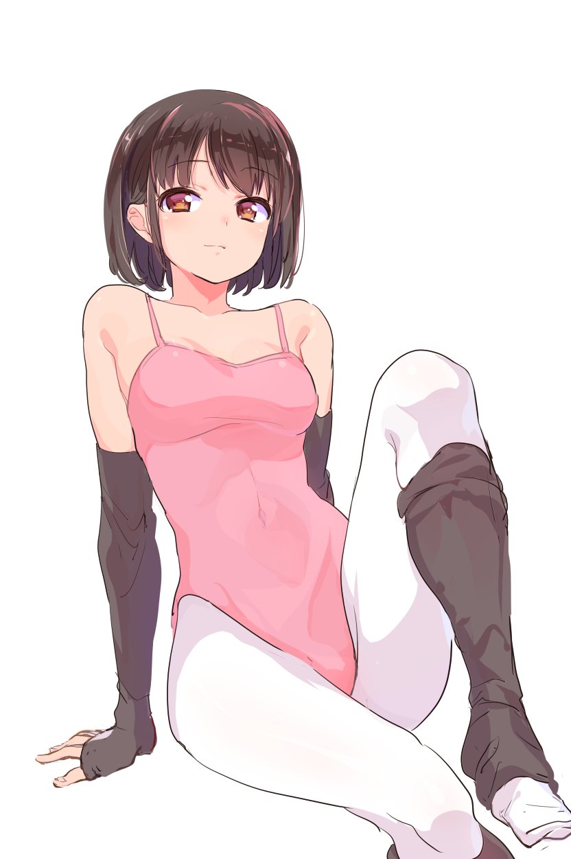 1girl a_k_o arm_support arm_warmers bare_shoulders bob_cut breasts brown_eyes brown_hair covered_navel fingerless_gloves highres leaning_back leg_lift leg_warmers leotard medium_breasts original short_hair simple_background sitting solo white_background