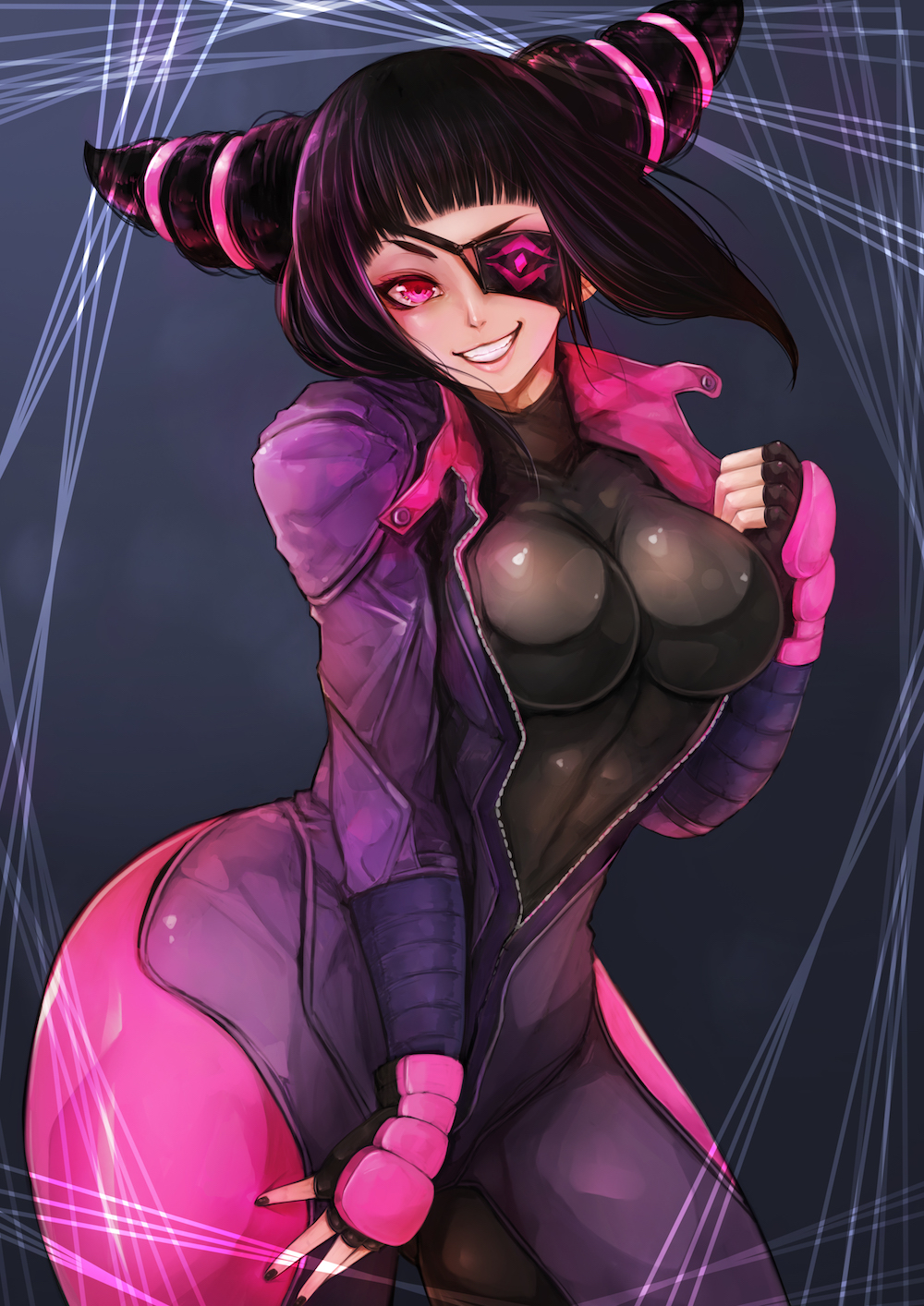 1girl bangs biker_clothes bikesuit black_hair black_nails blunt_bangs bodysuit breasts capcom colored_eyelashes contrapposto cowboy_shot curvy drill_hair evil_grin evil_smile eyepatch fingerless_gloves gloves gradient gradient_background grin hair_ornament han_juri hand_on_own_thigh highres hips impossible_clothes large_breasts looking_at_viewer maru-pen multi-tied_hair nail_polish open_clothes pink_eyes short_hair_with_long_locks sidelocks skin_tight smile solo street_fighter street_fighter_v thick_thighs thighs turtleneck twin_drills unbuttoned unzipped violet_eyes