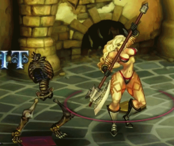 1girl amazon amazon_(dragon's_crown) animated animated_gif attack axe bikini blocking blonde_hair boots bouncing_breasts breasts dragon's_crown feather female gloves hips holding holding_weapon indoors large_breasts long_boots long_hair monster muscle skeleton solo_focus swimsuit sword tattoo thick_thighs thighs undead vanillaware weapon wide_hips