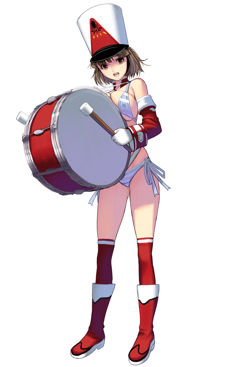 1girl :d bangs bikini bob_cut boots breast_press breasts brown_eyes brown_hair detached_collar detached_sleeves drum drumsticks eyebrows eyebrows_visible_through_hair full_body gloves hat highres holding instrument kneehighs large_breasts legs_apart marching_band masao open_mouth original red_boots red_legwear shade shako_cap short_hair sideboob simple_background sleeve_cuffs smile solo standing striped striped_bikini striped_swimsuit swimsuit under_boob white_gloves