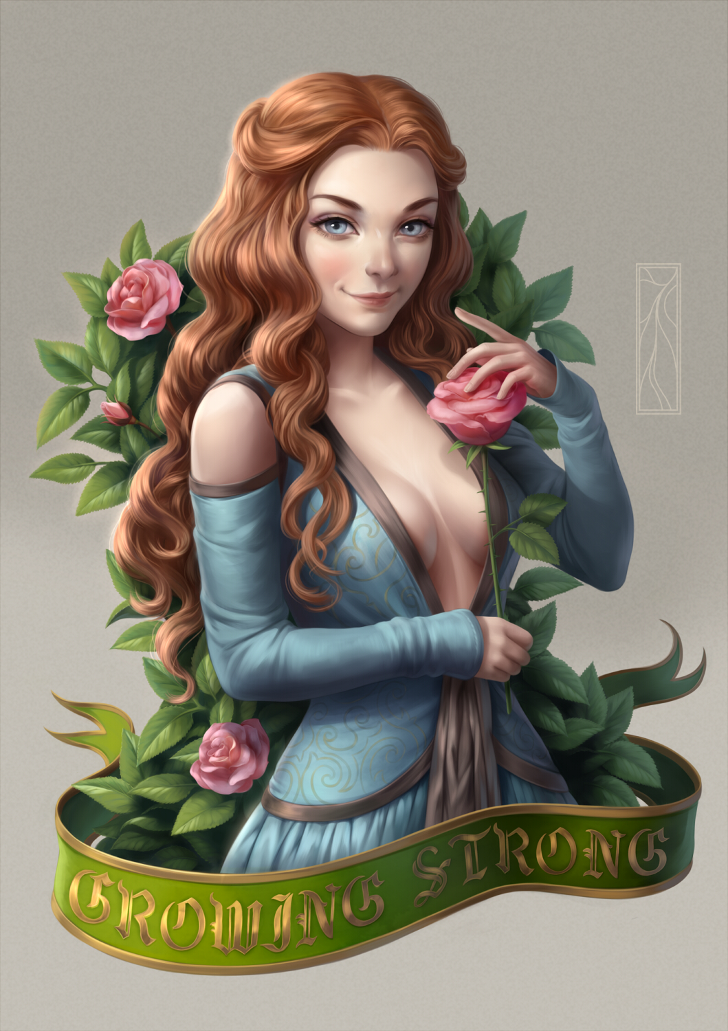 1girl blue_eyes breasts breasts_apart english flower game_of_thrones highres kotikomori lips logo long_hair long_sleeves looking_at_viewer margaery_tyrell medium_breasts nose pink_rose rose simple_background smile solo text upper_body watermark