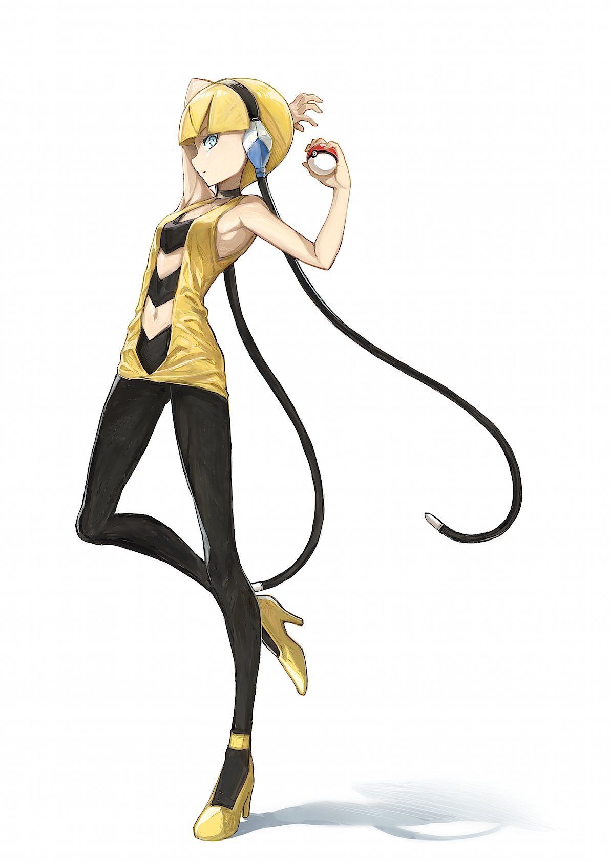 10s 1girl bare_arms bare_shoulders blonde_hair blue_eyes cable choker full_body gym_leader headphones high_heels highres kamitsure_(pokemon) looking_at_viewer looking_to_the_side midriff navel navel_cutout nintendo pantyhose poke_ball pokemon pokemon_(anime) pokemon_(game) pokemon_bw puma_(hyuma1219) short_hair simple_background solo white_background