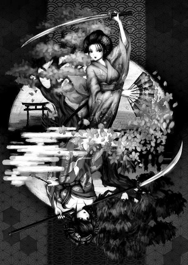 asa_no_ha_(pattern) cherry_blossoms dazzle_(shinkonryu) egasumi fox geisha japanese_clothes katana kimono monochrome naginata oiran original polearm seigaiha sword weapon