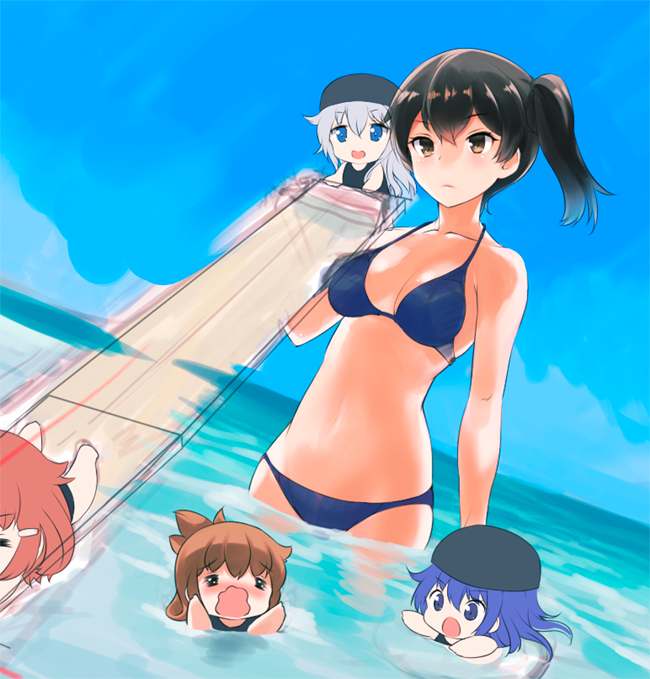 5girls akatsuki_(kantai_collection) alternate_costume bikini black_hair blue_bikini blue_eyes blue_hair brown_hair chibi commentary_request day flat_cap flight_deck hair_ornament hairclip hat hibiki_(kantai_collection) ikazuchi_(kantai_collection) inazuma_(kantai_collection) kaga_(kantai_collection) kantai_collection kotanuki_(kotanukiya) long_hair multiple_girls open_mouth partially_submerged side_ponytail swimsuit water wavy_mouth white_hair work_in_progress younger