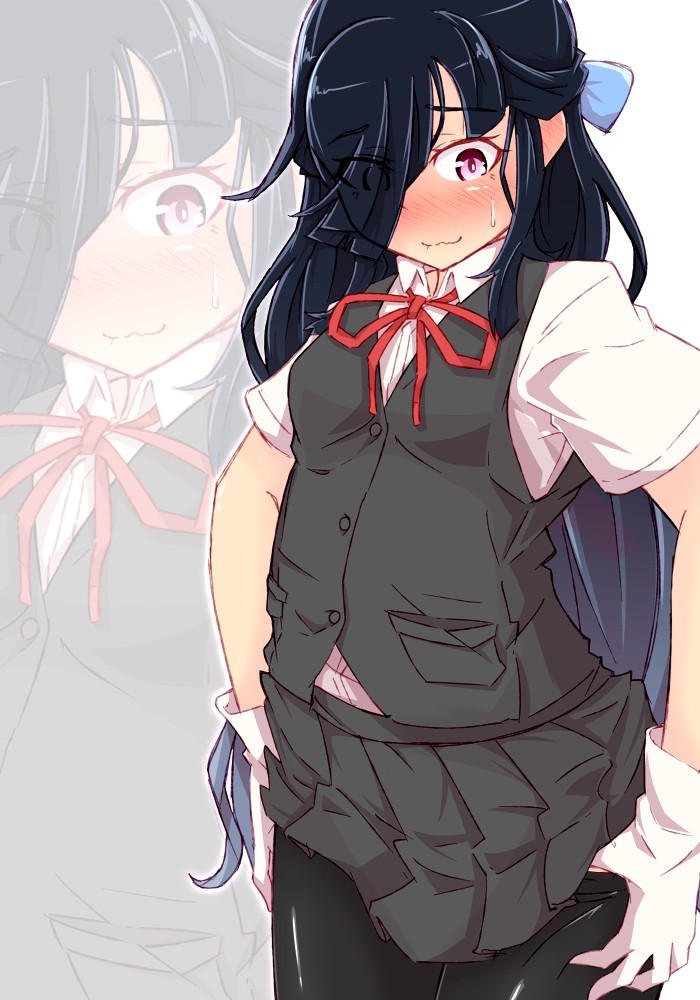 1girl alternate_costume bike_shorts black_hair blush breasts buttons commentary cosplay eyes_visible_through_hair gloves gradient_hair hair_over_one_eye hair_ribbon hayashimo_(kantai_collection) kantai_collection long_hair looking_down multicolored_hair neck_ribbon pleated_skirt red_ribbon ribbon ru2n131 school_uniform shiranui_(kantai_collection) shiranui_(kantai_collection)_(cosplay) shirt short_sleeves skirt small_breasts smile solo sweatdrop very_long_hair vest violet_eyes white_gloves zoom_layer