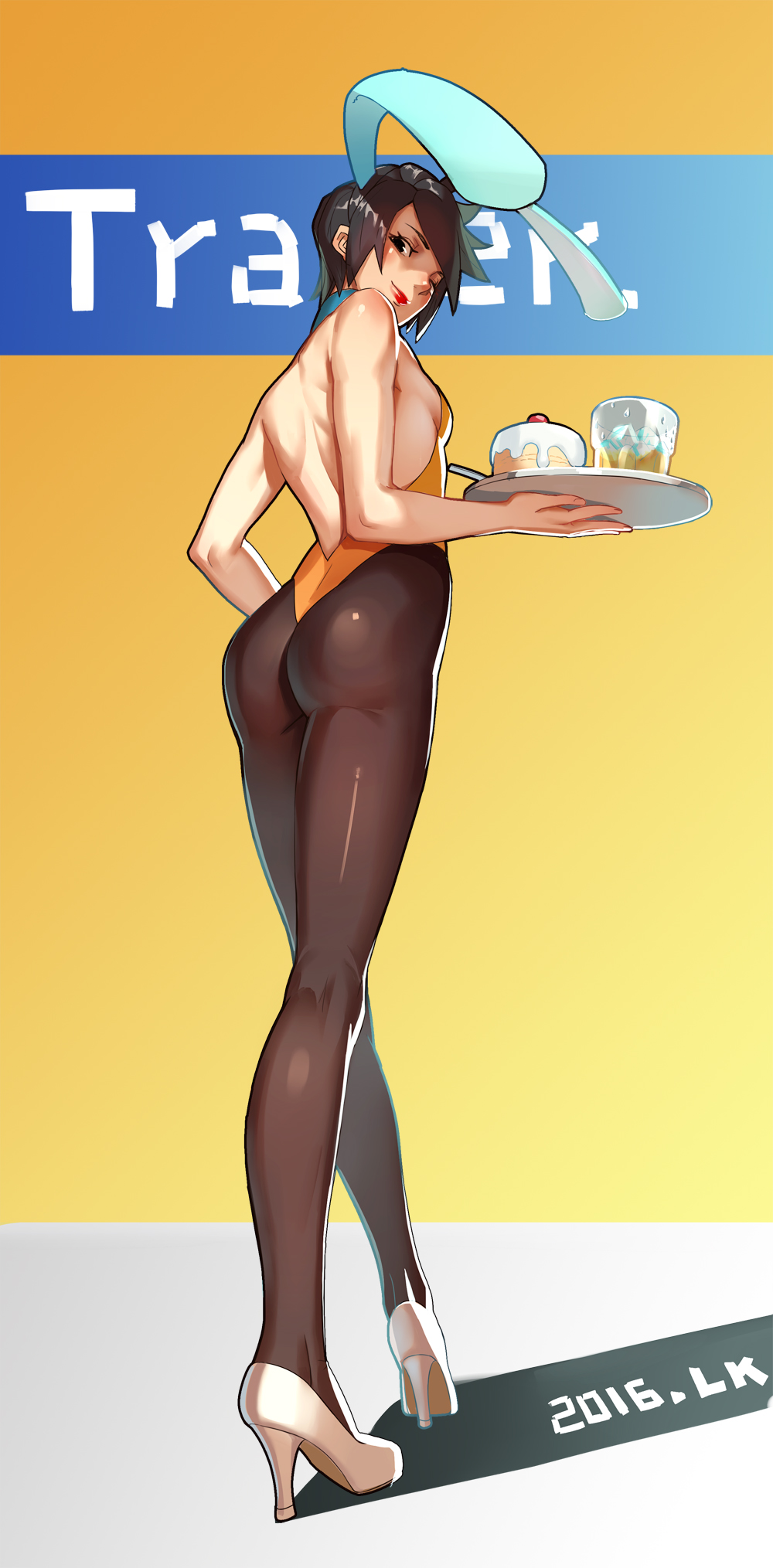 1girl ;) animal_ears artist_name ass back bangs beer_mug black_eyes black_hair breasts brown_legwear bunny_girl bunnysuit character_name choker closed_mouth cup dated detached_collar fake_animal_ears from_behind from_below full_body high_heels highleg highleg_leotard highres holding_tray ice ice_cube legs leotard lips lipstick lolik looking_at_viewer looking_back makeup mug one_eye_closed overwatch pantyhose rabbit_ears red_lips red_lipstick shoes short_hair sideboob small_breasts smile solo spiky_hair standing strapless strapless_leotard swept_bangs thighs thong thong_leotard tracer_(overwatch) tray walking white_shoes