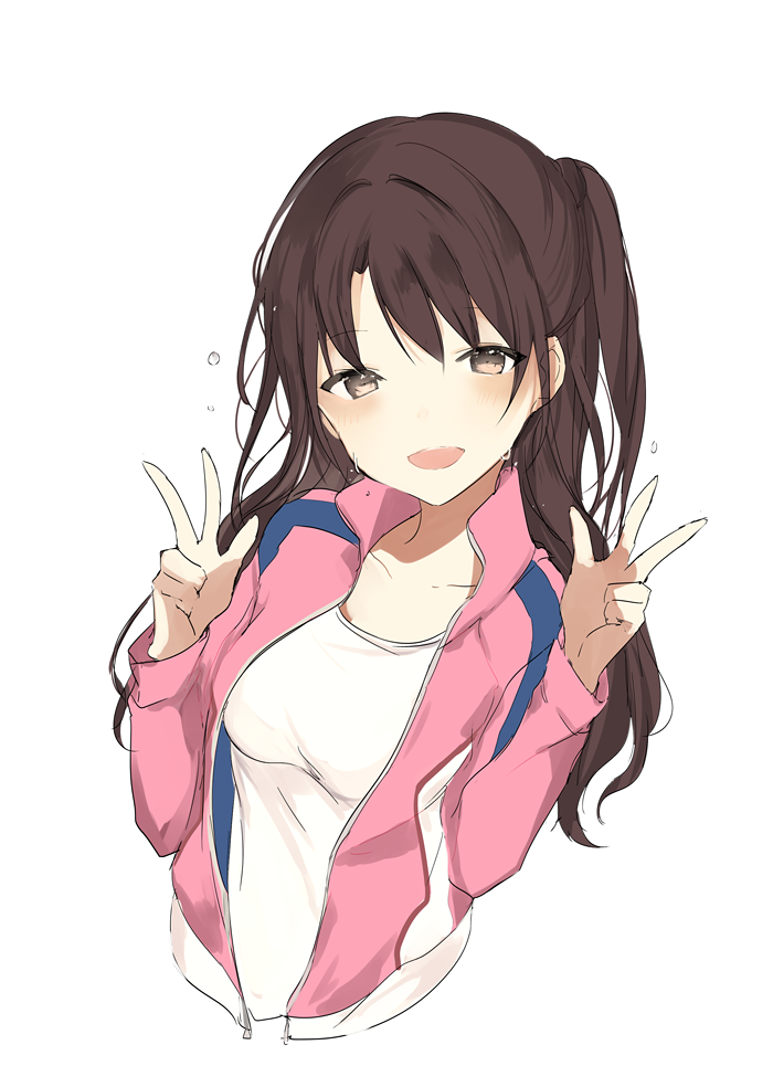 1girl :d blush breasts brown_eyes brown_hair double_w flying_sweatdrops hand_gesture hands_up idolmaster idolmaster_cinderella_girls jacket long_hair long_sleeves lp_(hamasa00) lpip medium_breasts open_clothes open_jacket open_mouth open_track_jacket pink_jacket shimamura_uzuki simple_background smile solo sweatdrop unzipped upper_body w white_background zipper