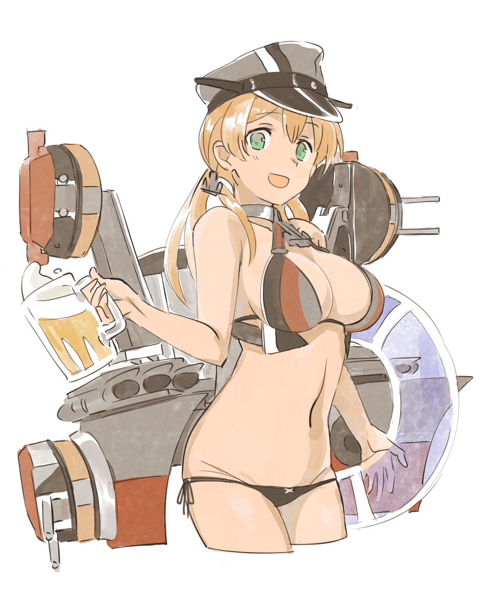 1girl :d alcohol alternate_costume anchor_hair_ornament bare_shoulders beer beer_mug bikini blonde_hair breasts cleavage cropped_legs german_flag german_flag_bikini green_eyes groin hair_ornament hat kantai_collection large_breasts long_hair looking_at_viewer low_twintails lowleg lowleg_bikini navel ningen_(ningen96) open_mouth peaked_cap prinz_eugen_(kantai_collection) side-tie_bikini simple_background sketch smile solo swimsuit twintails white_background